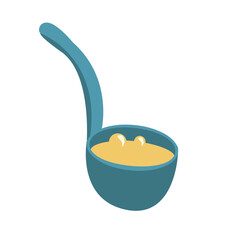 Poster - Ladle with soup semi flat color vector object. Cooking food. Kitchen tools. Full sized item on white. Cookery simple cartoon style illustration for web graphic design and animation