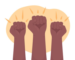 Poster - fighting for equity 2d vector isolated illustration. clenched fists flat hand gestures on cartoon ba