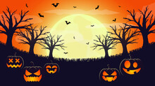 Scary Halloween Night Background. Silhouette Illustration Of Pumpkins, Bats, Trees On A Full Moon. Orange And Yellow Background