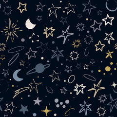 Wall Mural - Vector space seamless pattern with planets, comets, constellations and stars. Night sky hand drawn doodle astronomical background