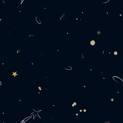 Wall Mural - Vector space seamless pattern with planets, comets, constellations and stars. Night sky hand drawn doodle astronomical background