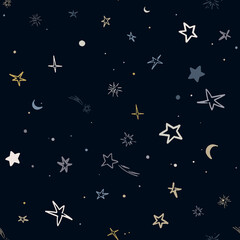 Wall Mural - Vector space seamless pattern with planets, comets, constellations and stars. Night sky hand drawn doodle astronomical background