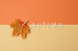 Leinwandbild Motiv Message Autumn and Fake Maple Leaf on Yellow and Orange Background Seasonal Holiday Background