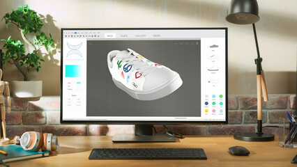 Leinwandbilder - Desktop Computer Monitor Standing on a Table with 3D Design Softwear Processing a Model of Shoe. Cozy Empty Loft Apartment with Big Window with a Lamp, Notebook and Headphones on the Table.