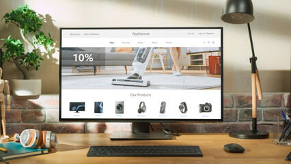 Poster - at home office: desktop computer standing on adjustable table with page of online store of electroni