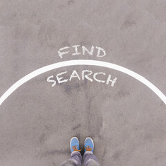 Wall Mural - Search and Find, text on asphalt ground, feet and shoes on floor