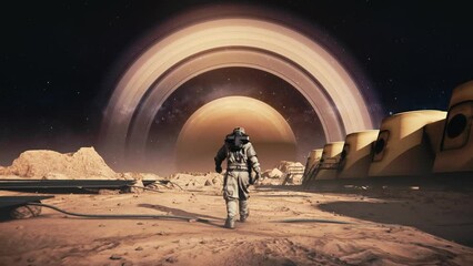 Wall Mural - Astronaut in a space suit walking across Mars base toward the Saturn Planet