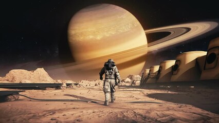 Wall Mural - Astronaut in a space suit walking across Mars base toward the Saturn Planet