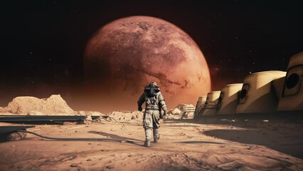 Wall Mural - Astronaut in a space suit walking across Mars base