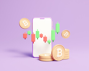 Wall Mural - 3D Mobile trading platform and cryptocurrency coin isolated on purple background. Bullish Candlestick graph investment trading, Bitcoin Banner Blockchain Crypto currency Concept, BTC, 3D rendering.