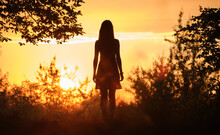Back View Of Young Woman In Summer Dress Walking Alone Through Evening Dark Forest