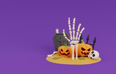 Cartoon happy Halloween with hand skeleton, jack o pumpkins lantern, gravestone and other halloween decoration on purple background. 3D render illustration