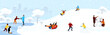 People enjoy in cityscape park at snowy winter season with snowflakes. Skaters on frozen lake ice. Kid drive snow scooter, sliding on tubing. Man, woman and child making snowman. Vector illustration.