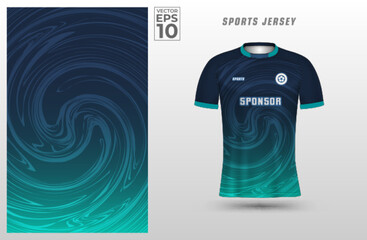Wall Mural - Green blue t-shirt sport design template with abstract liquid pattern for soccer jersey. Sport uniform in front view. Tshirt mock up for sport club. Vector Illustration