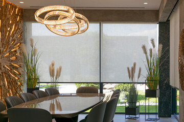 Leinwandbilder - Roller blinds in the interior. Automatic solar shades large size on the window. Modern interior with wood decor panel on the wall. Green plants in hi-tech flower pots. Electric curtains for home. 