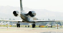 Panning A Rear View Of A Luxury Gulfstream Private Jet As It Turns At Van Nuys Airport - Los Angeles, California
