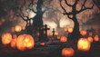 Dramatic scene for Halloween background with pumpkins. Gloomy background with clouds, fog and silhouettes of trees. 3D illustration