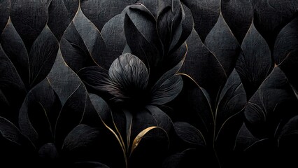 Black luxury cloth, silk satin velvet, with floral shapes, gold threads, luxurious wallpaper, elegant abstract design
