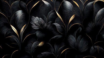 Wall Mural - Black luxury cloth, silk satin velvet, with floral shapes, gold threads, luxurious wallpaper, elegant abstract design