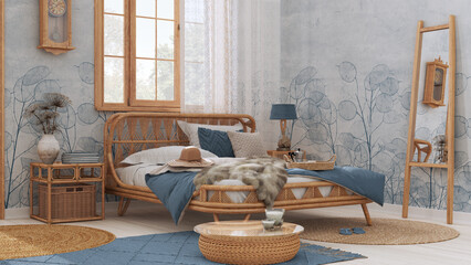 Wall Mural - Wooden farmhouse bedroom in boho chic style. Rattan bed and furniture in white and pastel blue tones. Country wallpaper, vintage interior design