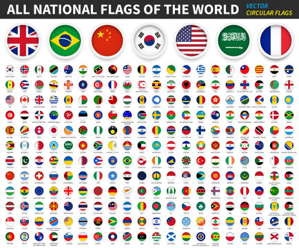Fototapete - All national flags of the world . Circular flag with frame and country name . Vector .