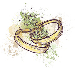 Two gold rings, a watercolor sketch. A pair of wedding rings in vintage style. Wedding rings with a branch, hand-drawn