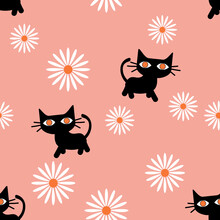Seamless Pattern With Daisy  Flowers And Black Cat Cartoons On Pink Background Vector.