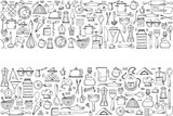 Fototapeta Dmuchawce - Vector background of kitchen tools. Hand drawn doodle cooking equipments. illustration for restaurant menu, recipe book, and wallpaper.