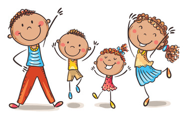 Illustration of family jumping with joy. Isolated cartoon characters