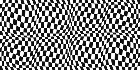 Poster - Stylish checker pattern is convex and wavy. Curly canvas of convex shapes. Seamless chess black and white pattern. For print and interior.