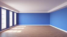 Interior Of The Empty Sunny Room With Blue Wall, Three Large Windows, White Ceiling Cornice, Glossy Herringbone Parquet Floor And A White Plinth. 3D Render With A Work Path On The Windows. 8K Ultra HD