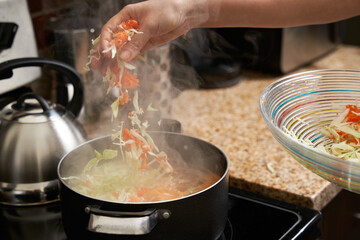 Unrecognizable woman hands cooking cabbage, prepares home made coleslaw