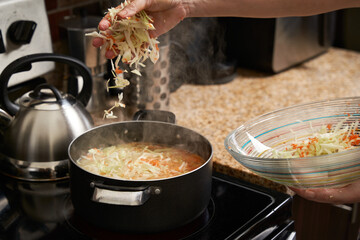 Unrecognizable woman hands cooking cabbage, prepares home made coleslaw