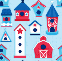 Red, White, And Blue Birdhouses Repeat Seamlessly In This Beautifully Illustrated Pattern. Repeating Patterns Are Great Form Backgrounds And Surface Designs.