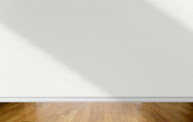 Empty room with white wall with abstract shadows on surface and wooden parquet floor as business mockup