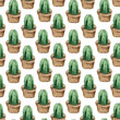 Seamless pattern with green cacti in pots. Watercolor background for textiles, wallpaper, bed linen and packaging.