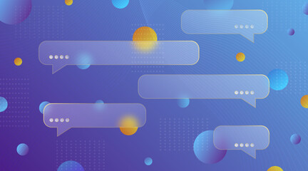 Chat dialog boxes in glass morphism effect style. Transparent frosted acrylic speech bubble on color gradient circles Realistic glassmorphism matte plexiglass message shapes. Vector
