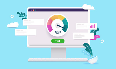 Poster - Internet speed test - Computer screen with web service testing upload and download speed, vector illustration