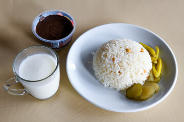 Traditional delicious Turkish food; Turkish style rice pilaf (Turkish name; Arpa sehriyeli. tavuklu, kuru fasulyeli, kavurmali pirinc pilavi)