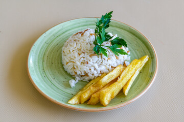 Traditional delicious Turkish food; Turkish style rice pilaf (Turkish name; Arpa sehriyeli. tavuklu, kuru fasulyeli, kavurmali pirinc pilavi)