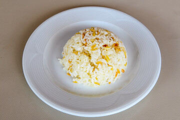 Traditional delicious Turkish food; Turkish style rice pilaf (Turkish name; Arpa sehriyeli. tavuklu, kuru fasulyeli, kavurmali pirinc pilavi)