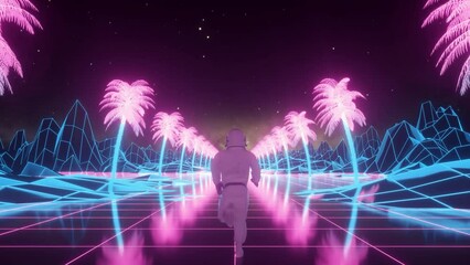 Astronaut runs surrounded by flashing neon lights. Music and retrowave concept. Retro 80s style synthwave background
