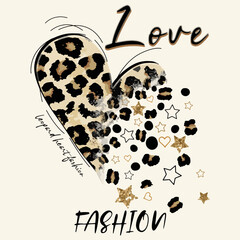 leopard skin heart pattern. Love lettering, star and animal print t-shirt print, abstract art