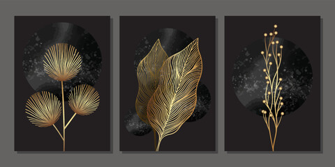 Wall Mural - Set of luxury gold wall art. Black watercolor moon and golden leaves, japanese style branches, berries. Abstract minimalist art mural illustration with linear plants