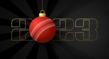 Cricket 2023 Happy New Year. Sports greeting card with golden cricket ball on the luxury background. Vector illustration.