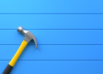 Wall Mural - Claw hammer with yellow plastic handle isolated on blue background. Top view, minimalism. Copy space. 3d rendering illustration