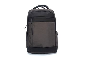 brown and black backpack on a white background. front view.