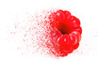 White background with raspberry illustration with dispersion of the fruit 