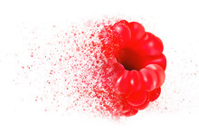 White Background With Raspberry Illustration With Dispersion Of The Fruit 