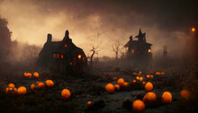 Dramatic Scene For Halloween Background With Pumpkins. Gloomy Background With Clouds, Fog And Silhouettes Of Trees. 3D Illustration